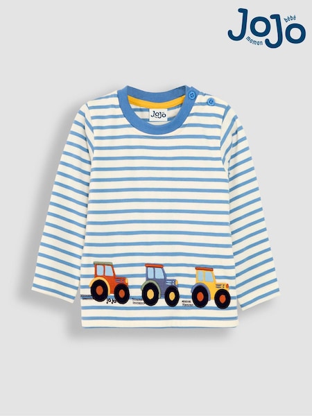 JoJo Maman Bébé Ecru Denim Blue Stripe Tractor Appliqué Border Top (B44309) | 1,081 UAH
