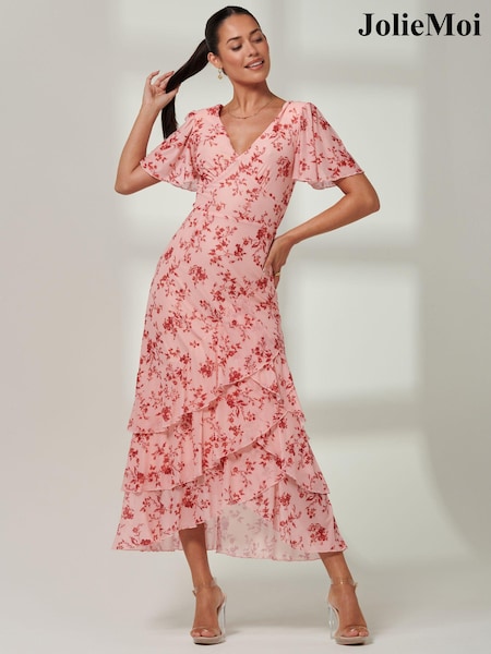 Roz - Rochie maxi cu tiv cu volane la tiv și plasă Jolie Moi Daleysa (B44337) | 663 LEI