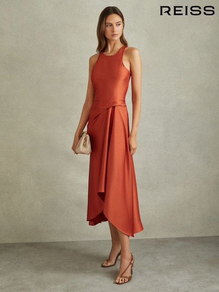 Reiss Rust Micah Satin Drape Tuck Midi Dress (B44505) | €229