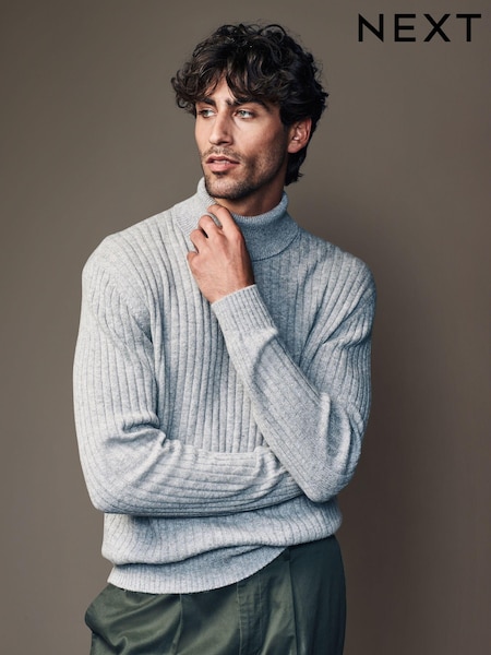Light Grey Roll Neck Regular Fit Premium Lambswool Blend Rib Texture Jumper (B44543) | €16