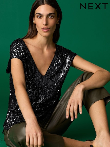 Black Sequin V-Neck Sleeveless Top (B44546) | €17.50