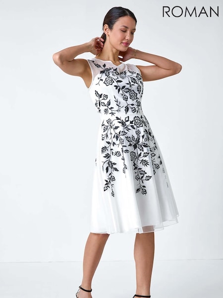 Roman White Floral Embroidered Fit and Flare Dress (B44553) | €47.50