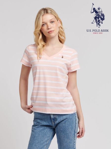 U.S. Polo Assn. Pink Regular Fit Womens Slub Stripe V-Neck 100% Cotton T-Shirt (B44751) | ₪151