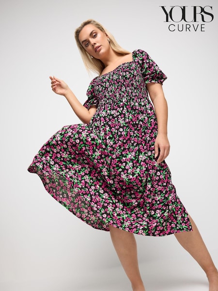 Yours Curve Black & Pink Ditsy Floral Print Shirred Midaxi Dress (B44833) | €56