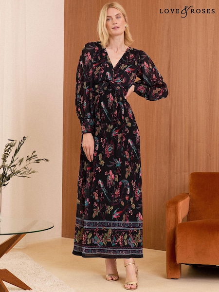 Love & Roses Black Bird Print Mesh Twist Front Midi Dress (B44848) | AED224