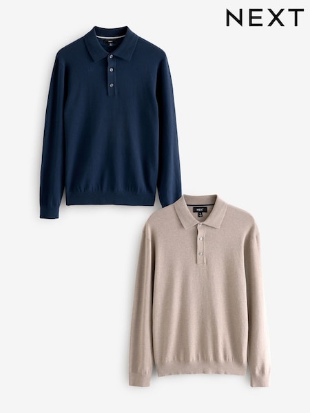 Navy Blue/Neutral Slim Fit Knitted Long Sleeve Polo Shirts 2 Pack (B45042) | €42