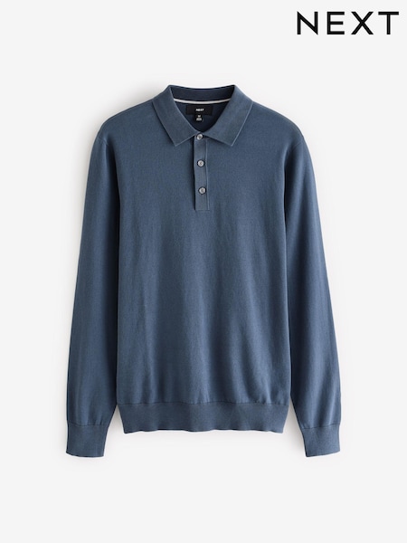 Mid Blue Slim Fit Knitted Long Sleeve Polo Shirt (B45119) | €16