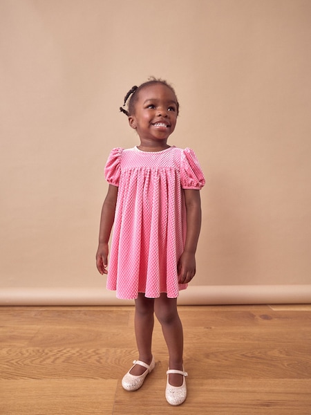Pink Textured Puff Sleeve Velvet Party Dress (3mths-10yrs) (B45223) | €14 - €16