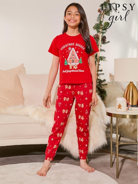 Roșu - Lipsy Crăciun Jersey Pijamas Pantaloni Set (De la 3-16ani) (B45375) | 109 LEI - 156 LEI