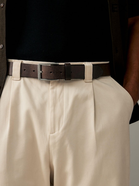 Brown/Cream Geometric Stitch Detail Leather Belt (B45415) | €12