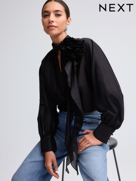 Black Corsage Long Sleeve Ruffle Blouse (B45419) | 112 QAR