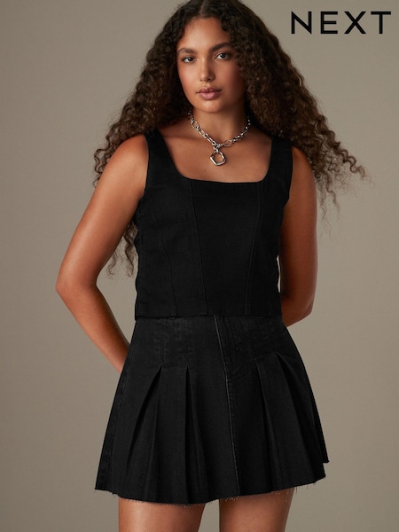 أسود - Denim Seamed Corset Top (B45534) | ‏71 د.إ.‏