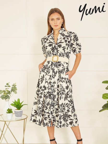 Yumi Floral Print Broderie Anglaise 100% Cotton Midi Shirt Dress With Matching Belt (B45584) | 117 €