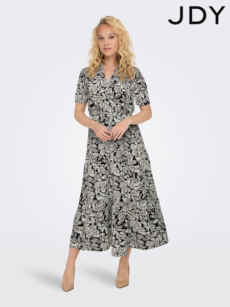 JDY Black Printed V-Neck Short Sleeve Tiered Maxi Dress (B45718) | €13