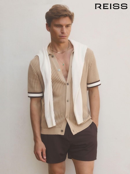 Reiss Camel Elias Reiss | Ché Open-Stitch Cuban Collar Shirt (B45771) | €210