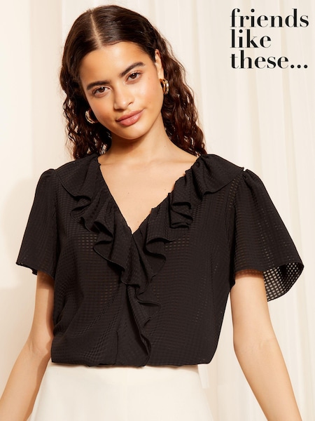 Friends Like These Seersucker Black Ruffle Front Puff Sleeve Blouse (B45825) | $58