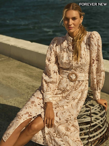 Forever New Pure Linen Fifi Broderie Long Sleeves Midi Dress (B45857) | 171 €