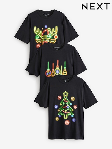 Black 100% Cotton Christmas Neon T-Shirts 3 Pack (B46230) | € 12