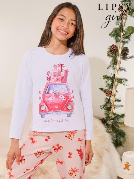 Lipsy White/Red Christmas Jersey Pyjamas Trousers Set (From 3-16yrs) (B46236) | AED55 - AED77