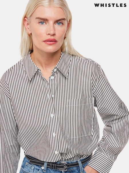 Whistles Black Petite Relaxed Fit 100% Cotton Stripe Shirt (B46320) | €52