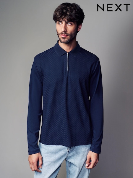Navy Blue Long Sleeve Textured Quarter Zip Polo Shirt (B46371) | €7