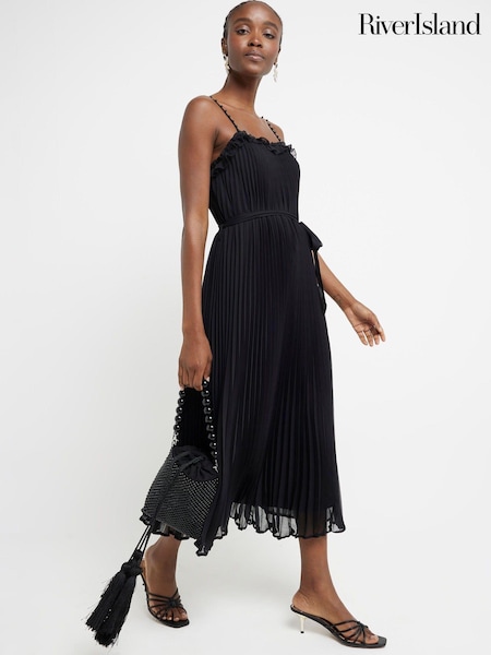 River Island Black Pleated Pearl Ruffle Midi Dress (B46373) | 136 QAR