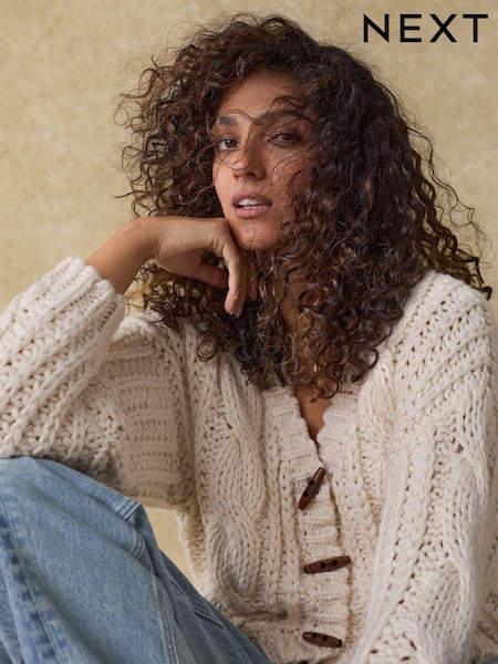 White Ecru Chunky Knit Button Front Cable Cardigan (B46517) | 144 QAR