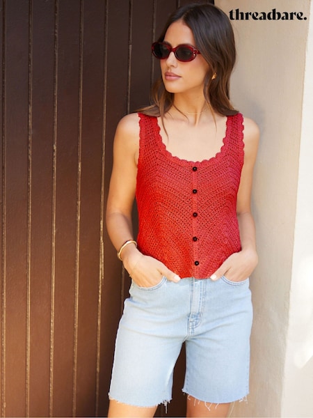 אדום - Threadbare Mock Button Down Crochet Knitted Vest (B46573) | ‏183‏₪