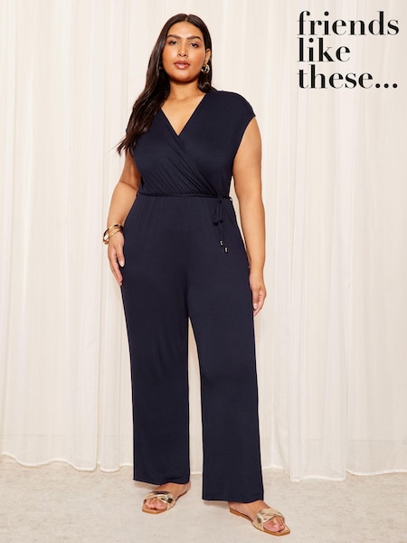 Friends Like These Navy Curve Jersey Wide Leg Wrap Style V Neck Summer Jumpsuit (B46643) | €17