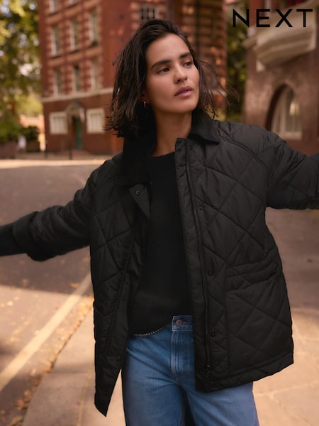 Svart - Quilted Corduroy Collar Shower Resistant Jacket (B46760) | kr1 270