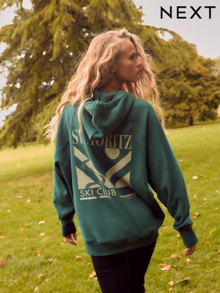 Green Ski Back Graphic Active Longline Overhead Hoodie (B46779) | AED75