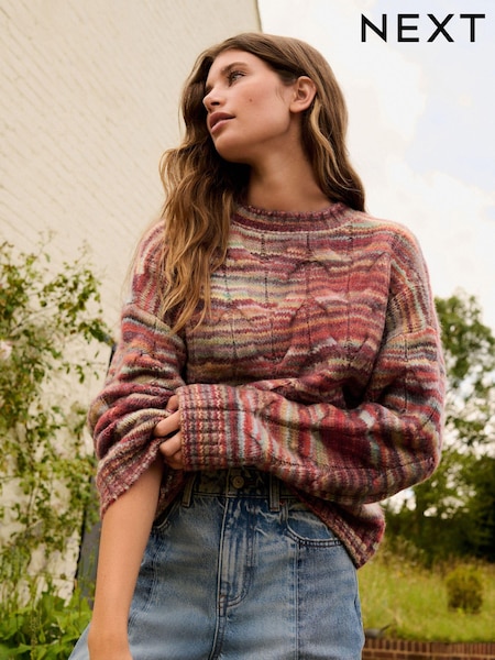 Red Spacedye Print Cable Knit Crew Neck Jumper (B46828) | €27