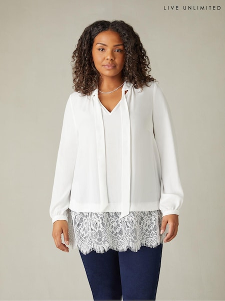 Live Unlimited White Curve Lace Tie Neck Tunic (B46869) | €38