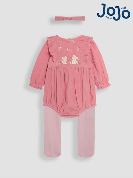 JoJo Maman Bébé Pink Body 3 Piece Embroidered Muslin And Tights Set (B47039) | €41