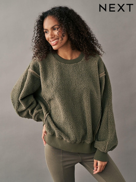 أخضر زيتوني - Teddy Fleece Borg Raw Edge Seam Detailing Crew Neck Sweatshirt (B47215) | ‏71 د.إ.‏
