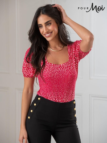 Pour Moi Red & White Birdie Square Neck Slinky Puff Sleeve Stretch Top (B47221) | €42