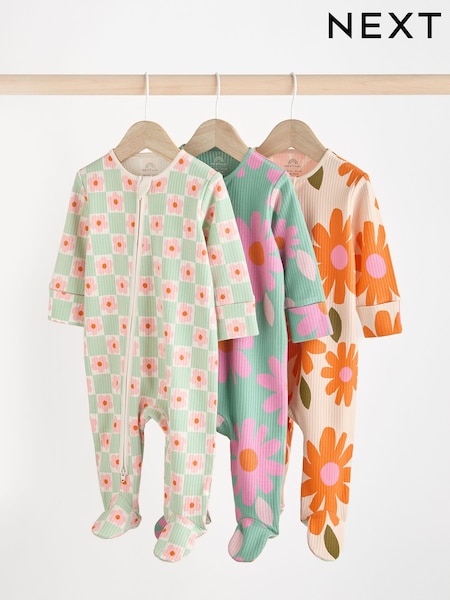 Green Flower Baby Two Way Zip Floral Print 100% Cotton Sleepsuits 3 Pack (0mths-2yrs) (B47269) | €28 - €30