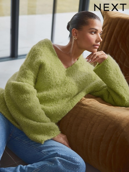 Green Olive Premium V-Neck Boucle Knitted Jumper with Wool (B47304) | €40