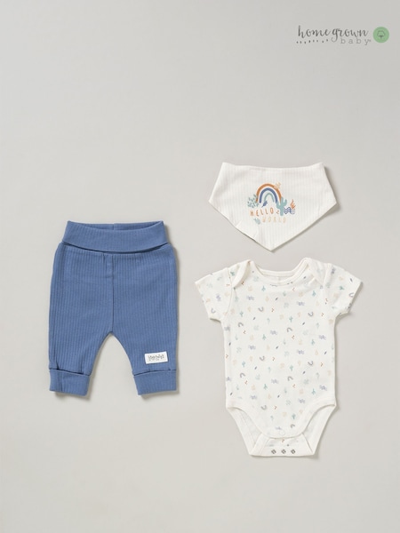 Homegrown Blue 3-Piece Bodysuit Joggers And Reversible Bib Outfit Set (B47320) | R$ 195