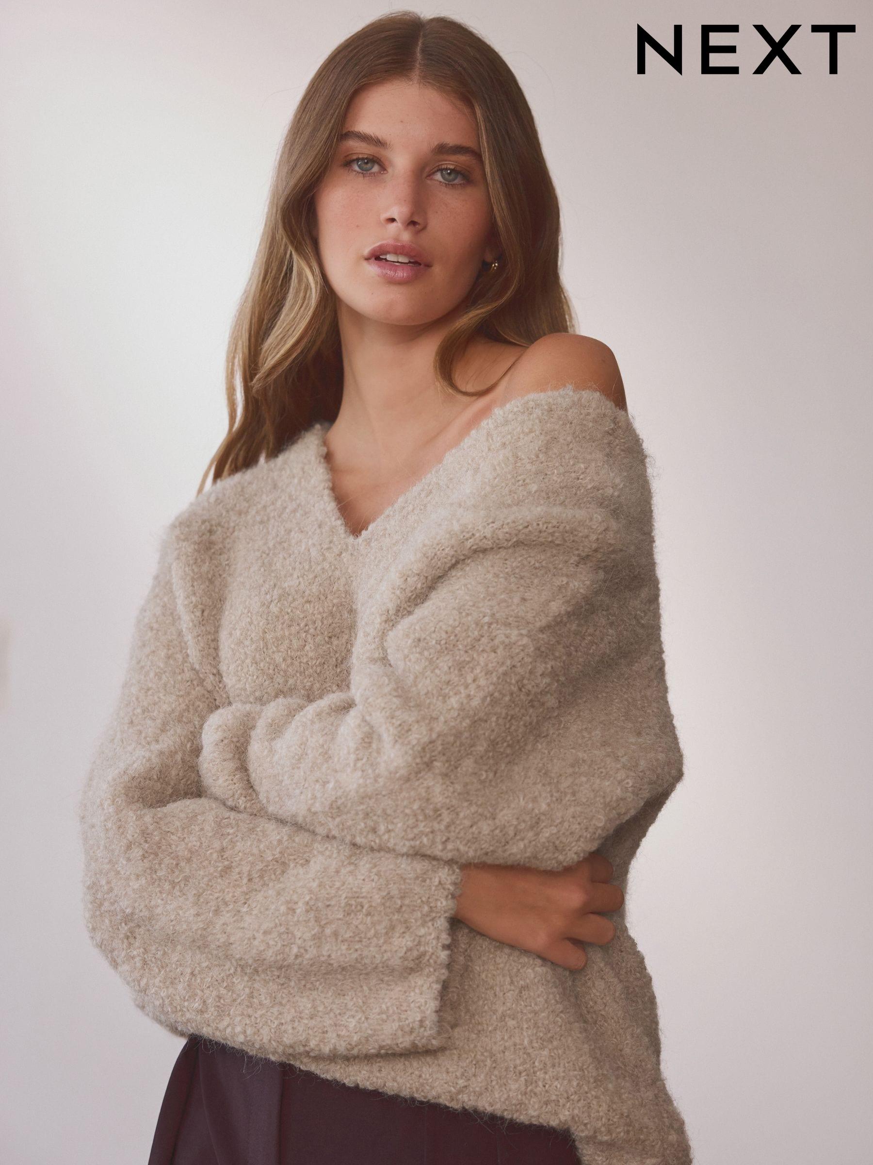 Women s Curve Brown Plain V Neck Jumpers Next Luxembourg