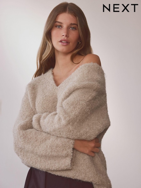Camel Neutral Premium V-Neck Boucle Knitted Jumper with Wool (B47358) | €63