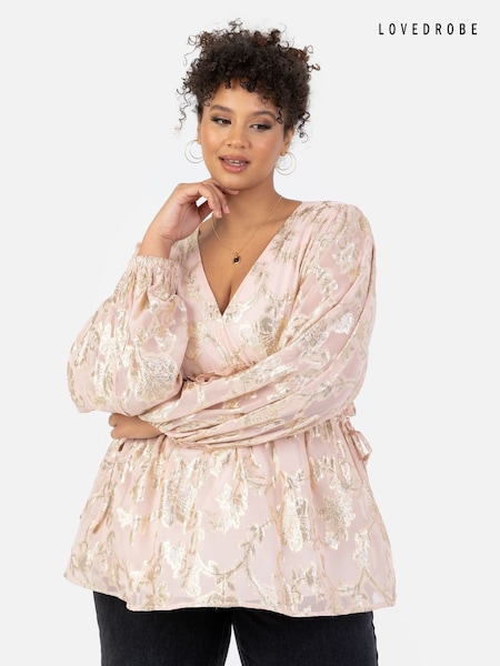 Lovedrobe Pink Long Sleeve Foiled Gathered Waist Peplum Top (B47382) | €18