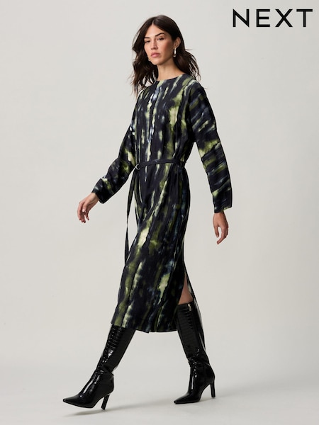 Green Abstract Blur Print Long Sleeve Batwing Midi Dress (B47403) | €27