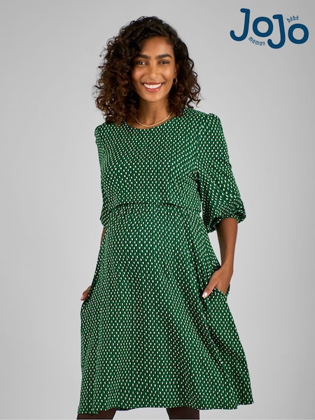 JoJo Maman Bébé Green Geo Round Neck Double Layer Maternity & Nursing Dress (B47411) | €68
