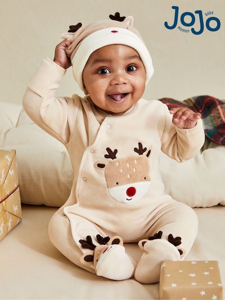 JoJo Maman Bébé Stone Cotton Christmas Zip Appliqué Sleepsuit (B47509) | €39