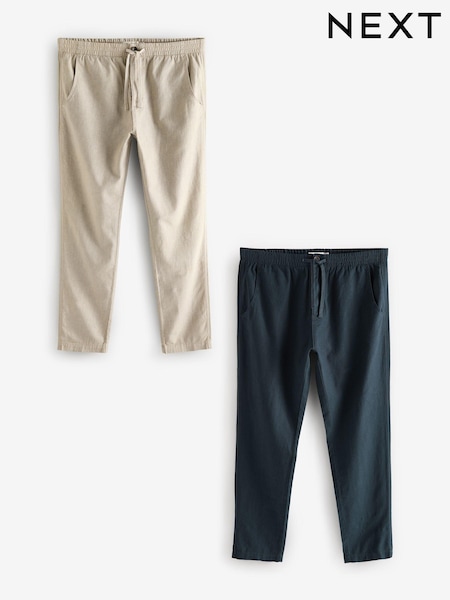 Navy Blue/Natural Ecru Linen Cotton Elasticated Drawstring Trousers 2 Pack (B47606) | AED236