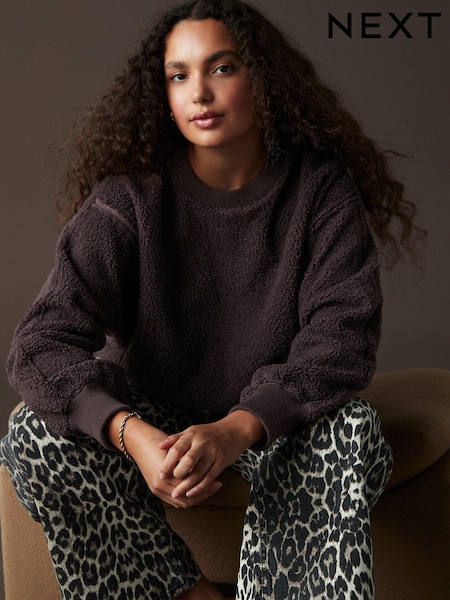 Chocolate Brown Teddy Fleece Borg Raw Edge Seam Detailing Crew Neck Sweatshirt (B47761) | €15