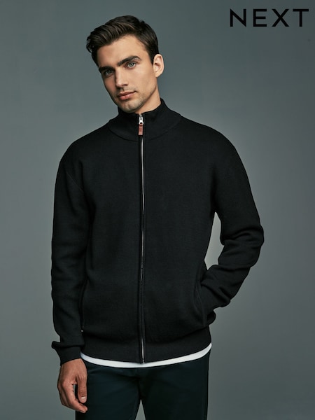 črna - Texture Regular Fit 100% Cotton Premium Zip-Through Jumper (B47777) | € 25