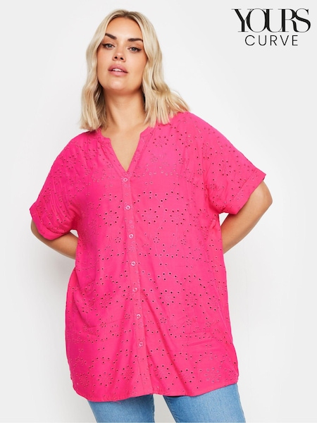 Yours Curve Pink 100% Cotton Broderie Notchneck Top (B47889) | €15.50