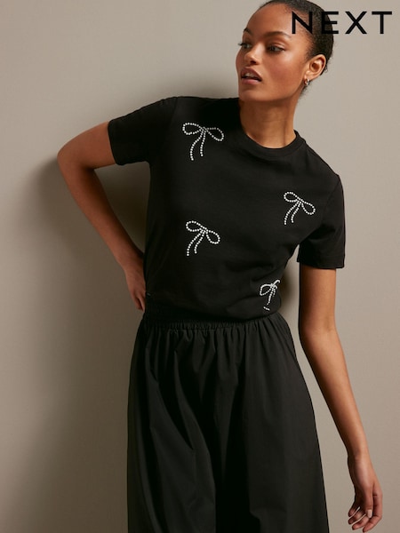 Negru - 100% Cotton Pearl Bows Embellished Short Sleeve T-Shirt (B47930) | 97 LEI